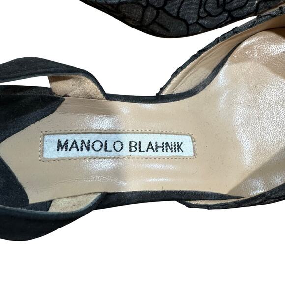 Manolo Blahnik Black Velvet Floral Slingback Heels Textured Fabric Pumps EU 37.5 - Picture 6 of 7